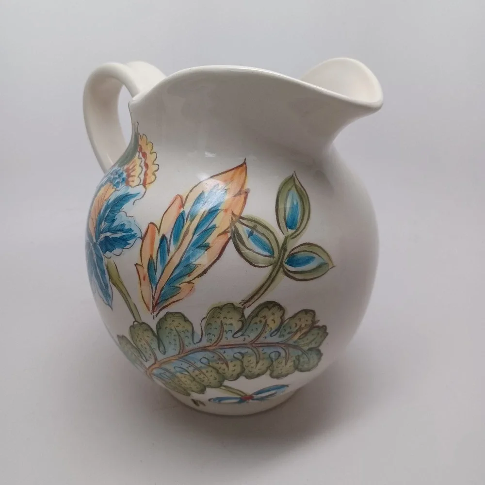 Maxcera Blue Vanilla Chintz Floral Ceramic Pitcher Hand Painted White Blue Green